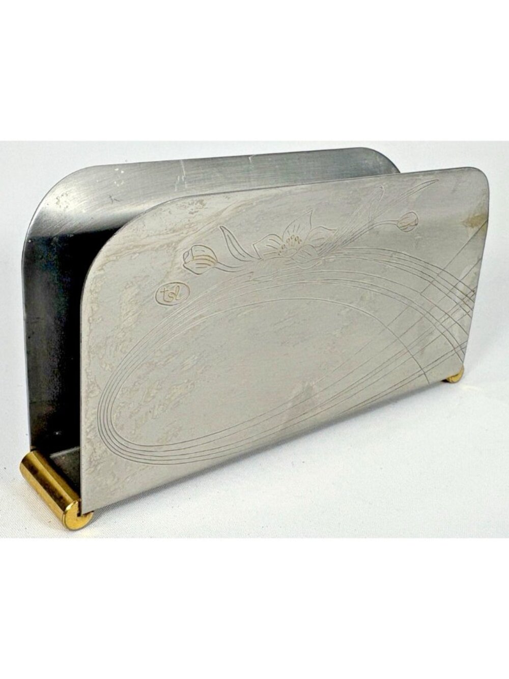 INOX 18/10 Italy Napkin Letter Holder Engraved Gold Accent Stainless Vintage